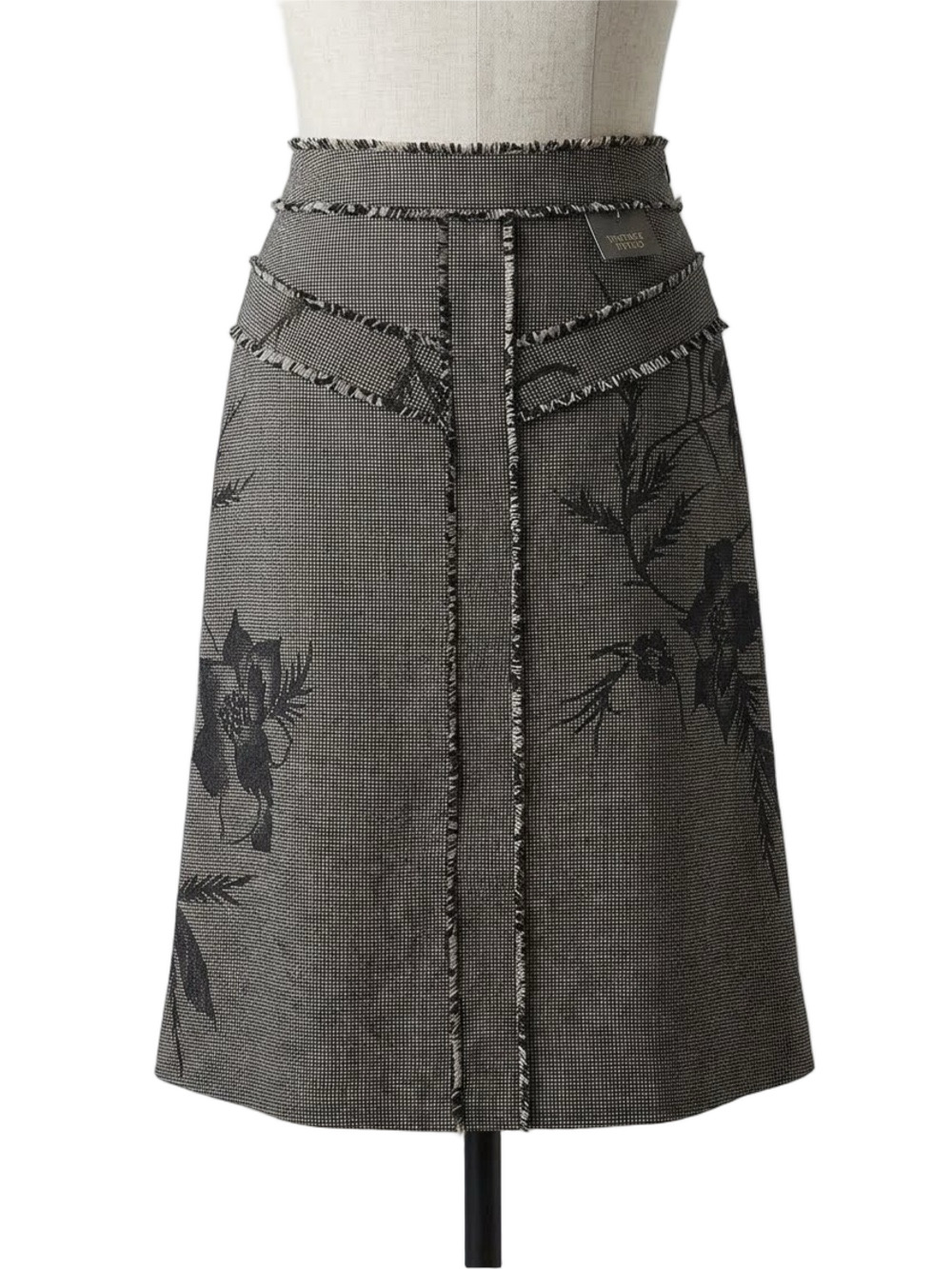 Mango MNG  tan and black Floral A-Line Skirt raw edges sz 8